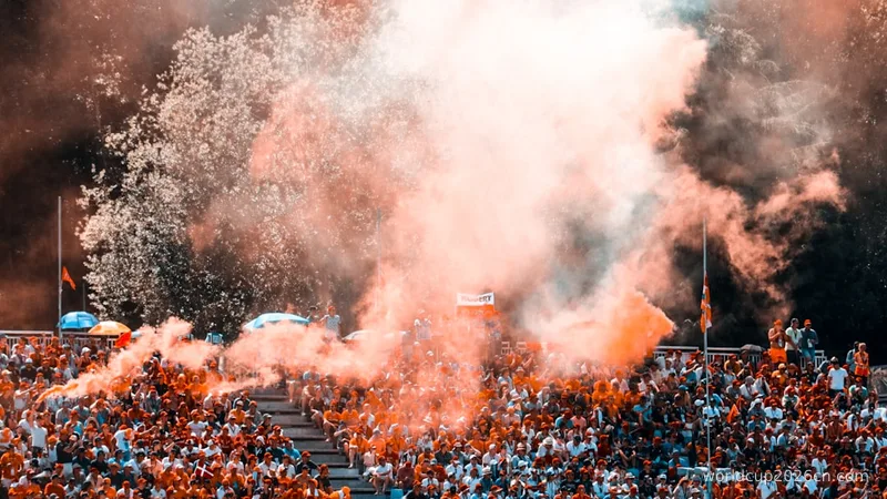 aerial photo of people sitting on stadium with orange smokes above them