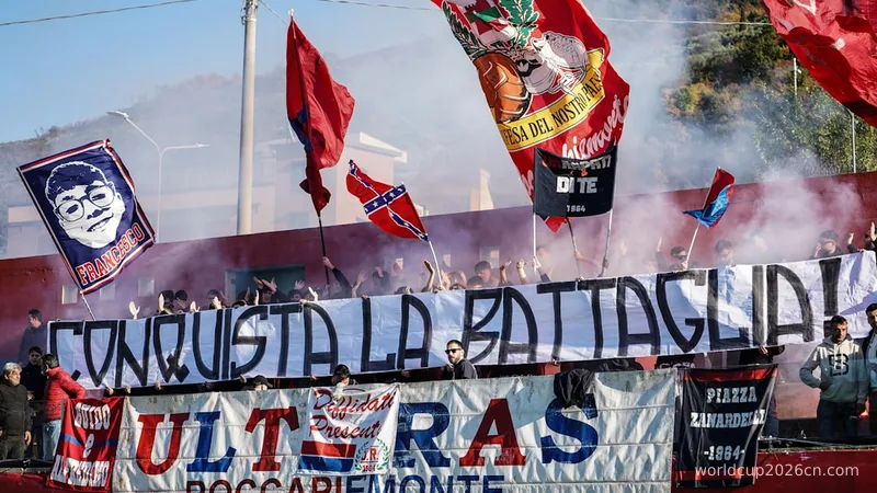 Fans wave flags and banners at a sporting event.