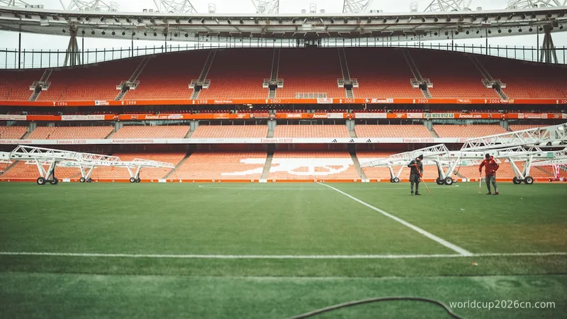 Inside the empty emirates stadium, a football field.