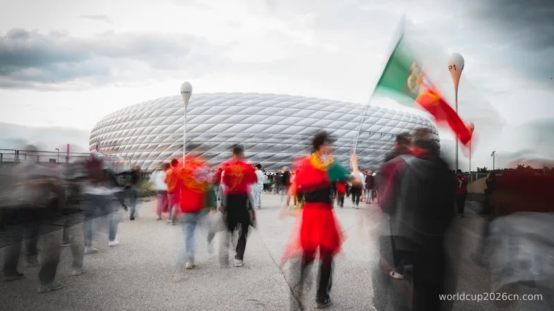 Fans walk near a stadium with a flag.