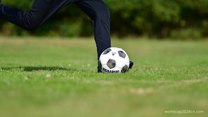A person kicking a soccer ball on a grassy field.