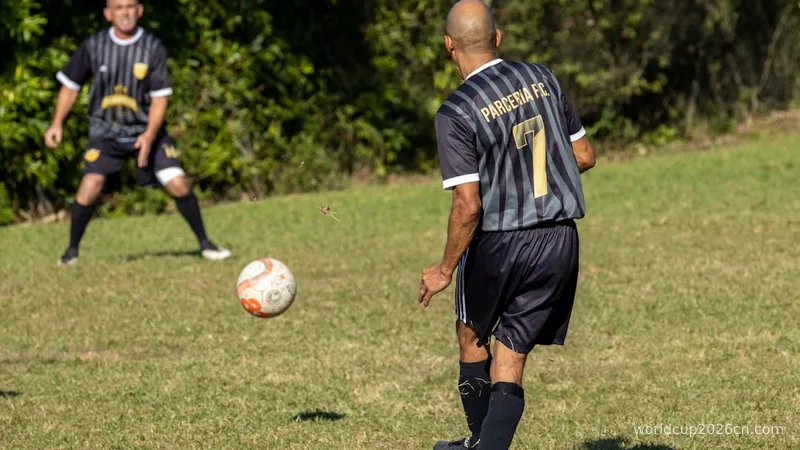 Soccer player prepares to kick ball on green field.