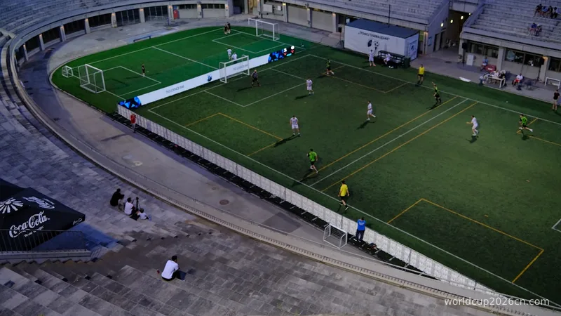 Aerial view of a soccer game in a stadium.