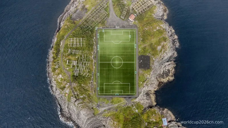 an aerial view of a soccer field on an island