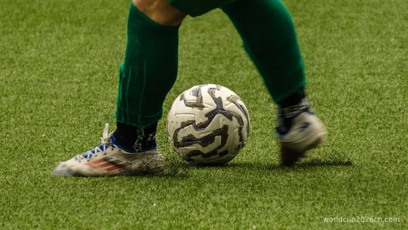 A soccer player kicking a ball on a green field