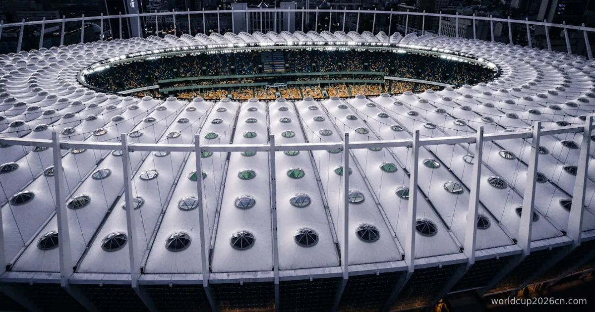 an aerial view of a soccer stadium at dusk