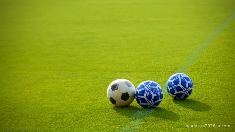 Three soccer balls on a green field