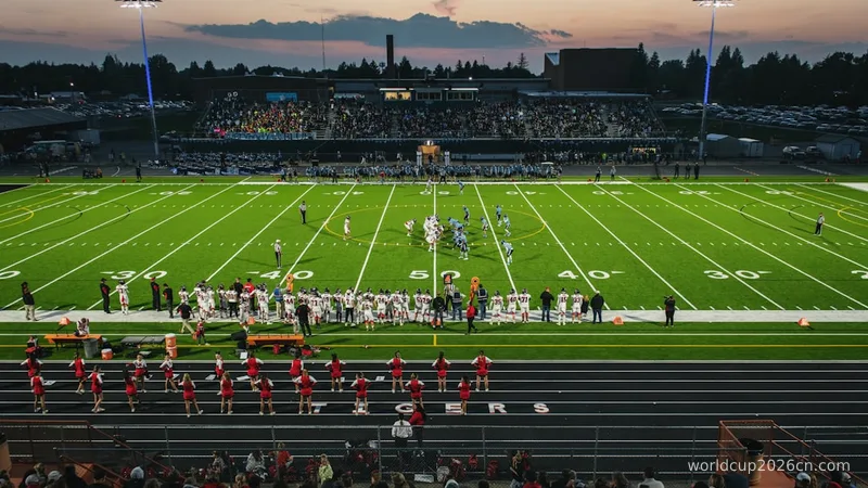 a football field with a crowd watching