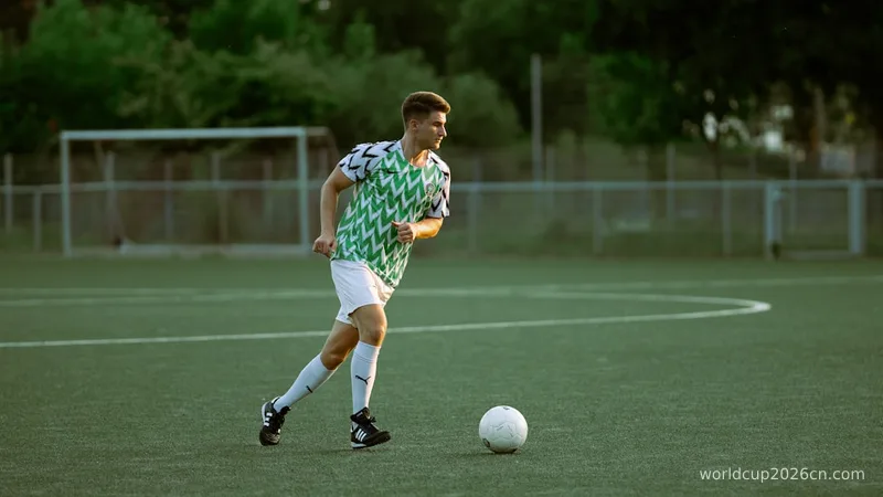 a man in a green and white shirt is kicking a soccer ball