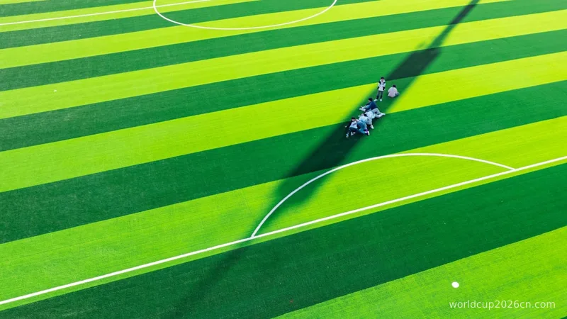 Aerial view of a soccer field with players